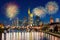 City of Frankfurt am Main at night with firework New year