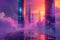 A city of the future sits amidst a backdrop of billowing clouds, with vibrant neon lights illuminating its sleek architecture, A