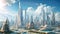 A city of the future, surrounded by water and dominated by towering buildings, Highly detailed rendering of a modern cityscape