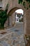 City gates leading into the Main Square in Historic medieval town of Smartno in Goriska Brda, Slovenia with narrov