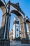 City Gates Monument framing the SÃ£o SebastiÃ£o Church in Ponta Delgada on the island of SÃ£o Miguel, Azores PORTUGAL