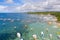 City General Luna on the coast of Siargao island. Marina with boats. Sea landscape with boats.