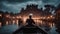 city gondola ride A scary boatman punting a boat on a river , with ruins, ghosts,