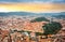 City Graz center aerial view with SchloÃŸberg, Uhrturm, central park