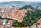 City Graz center aerial view with SchloÃŸberg, Uhrturm, central park