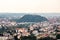 City Graz center aerial view with SchloÃŸberg, Uhrturm, Clocktower Liesl