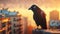 City Guardian: A Majestic Crow Surveying the Urban Landscape. Generative AI