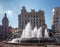 City Hall Plaza Fountain in Valencia Spain on February 24, 2019. Three unidentified people