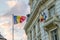 The City Hall of Sibiu and the flags of the country, the European Union and the city itself in Sibiu, Romania