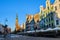 City Hall with spire, facade of beautiful typical colorful houses buildings in old historical town centre, Gdansk, Poland