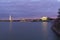 City historic monuments with reflection in dark waters at dawn, Washington DC, USA.