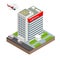 City hospital building with ambulance car and helicopter in flat design. Isometric vector illustration.