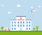 City Hospital building with ambulance and helicopter in flat design. Clinic Vector