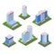 City hotel modern buildings, vector 3d isometric icons and design elements set. Business real estate objects