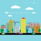 City with houses, cars, crane and plane. Flat design. Vector