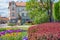 City Jurmala, Latvian Republic. Urban street view with monument and buildings. 2019. 25. May