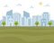 City landscape on background with buildings shapes, trees and clouds. Urban green park. Vector illustration