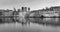 City Landscape, black-and-white panorama - view on pond Hofvijver and complex of buildings Binnenhof in from the city centre of Th