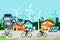 City landscape with buildings, cyclists, solar panels, wind turbines. Eco urban living concept. Vector illustration