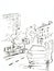 City landscape with car, graphic black and white drawing, travel sketch