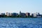 City landscape photo of Madison, Wisconsin capitol and city buildings from Olin park