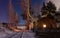 City landscape small railway station the covered with snow, night shooting.