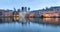 City Landscape, sunset panorama - view on pond Hofvijver and complex of buildings Binnenhof in from the city centre of The Hague