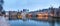 City Landscape, sunset panorama - view on pond Hofvijver and complex of buildings Binnenhof in from the city centre of The Hague