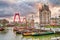 City landscape at sunset - view of the Oude Haven or Old Port with building the Witte Huis or White House, the city Rotterdam