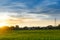 City landscape view sunset over rice field plantation farming with house and telecom