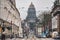 City life and architecture: The busy Rue de la Regence, Zavel neighbourhood, with the Palais de Justice Law Court of Bruxelles