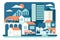 City life with cars and people flat vector illustration