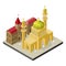 City life in isometric view. Mosque with minarets, urban buildings and muslims