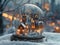 City life in a snow globe rendered with a whimsical charming style