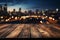 City lights backdrop Blurred night sky frames wooden table in urban ambiance