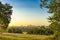 The City of London Cityscape at Sunrise with early Morning Mist from Hampstead Heath. Buildings include the Shard, Gherkin 30 St M