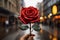 City love Red rose held with affection against bustling street