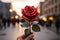 City love Red rose held with affection against bustling street