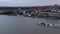 City Mainz in Germany with its red Dome and a long boat on a summer evening