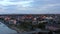 City of Mainz with its red Dome by a drone traveling forward