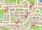 City map. Navigation plan with red pins. GPS application, web navigational service with icons of shops. Top view of