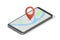 City map route navigation smartphone, phone point marker vector drawing schema isometric city plan GPS navigation tablet