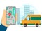 City map vector image. Food delivery driver on a truck or van. Phone in hands with destination pin. Town on the background. Online