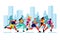 City marathon vector flat illustration. Running colorful people against city background. Outdoor sport concept