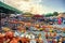 City market for sale of traditional tajines, clay pots at Meknes. Maghreb, Morocco, North Africa