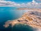 City Marsaskala Malta summer harbour water mediterranean sea blue. Aerial top view