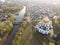 The city of Morshansk. Spring aerial view. Russia. Trinity Cathedral. River tsna