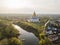 The city of Morshansk. Spring aerial view. Russia. Trinity Cathedral. River tsna