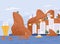 City on mountain with amazing seascape vector flat illustration. Ship, yacht or sea vessel at harbor of modern town