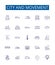 City and movement line icons signs set. Design collection of city, movement, transportation, urban, pedestrian, bike